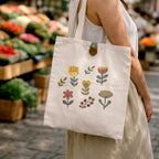 Person holding a tote bag with floral designs in a market setting