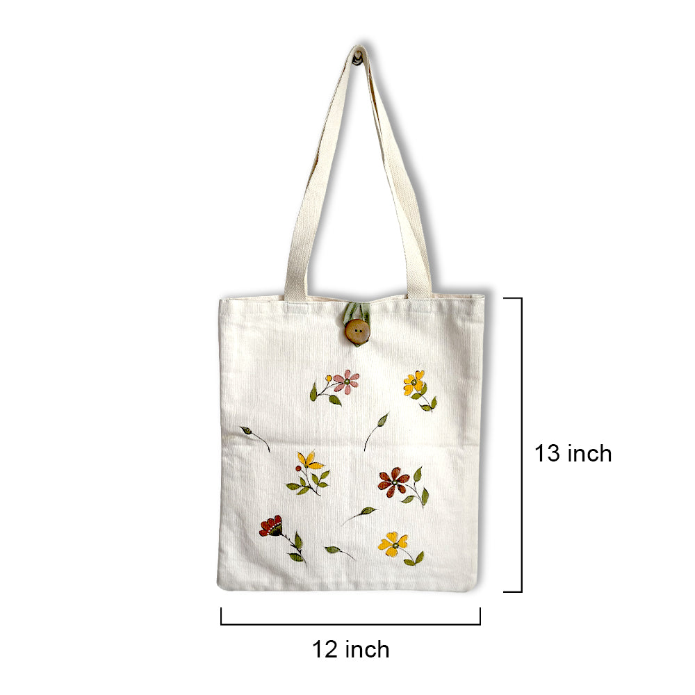 Hand-Painted Floral Canvas Tote Bag with Wooden Button