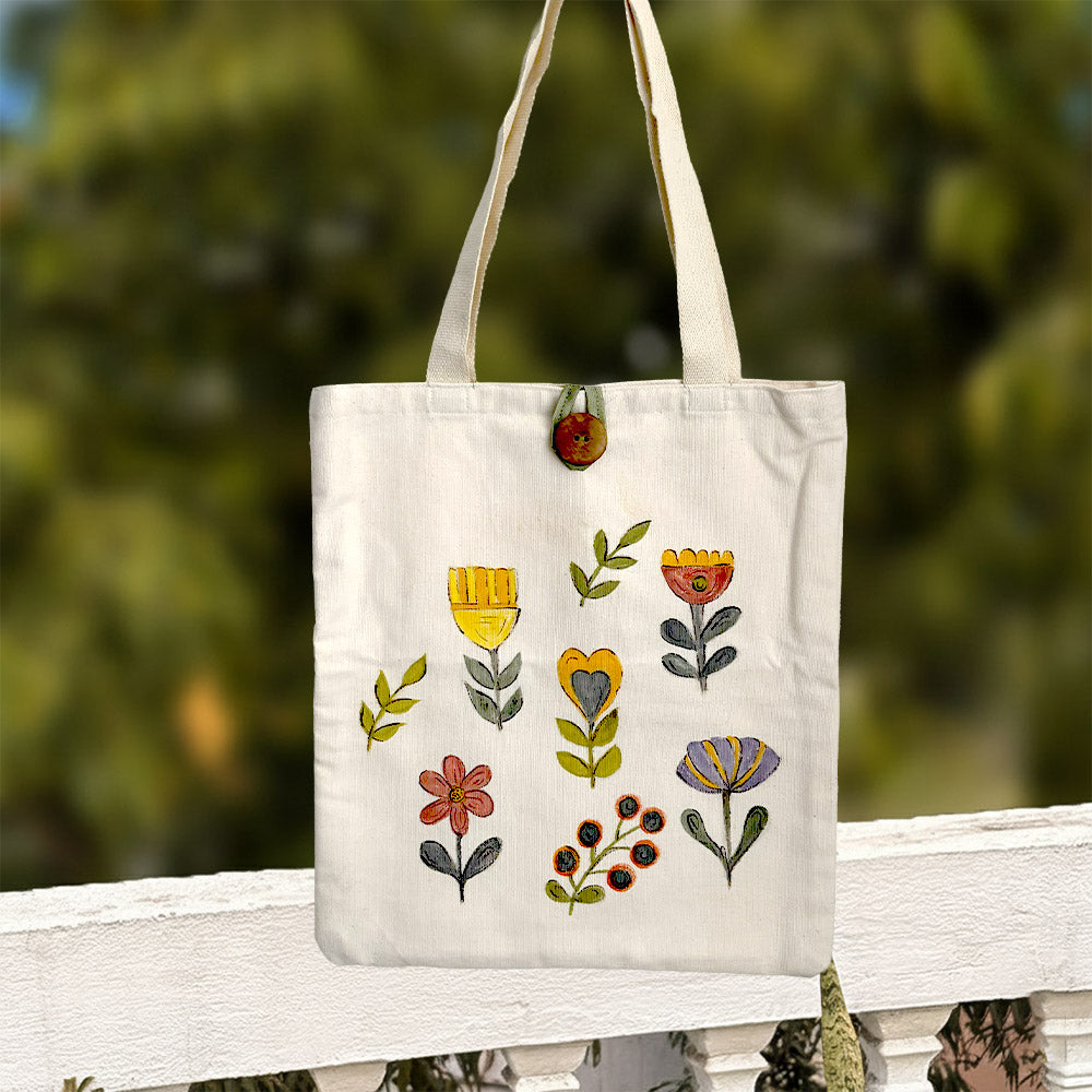 Hand-Painted Floral Canvas Tote Bag with Wooden Button Closure
