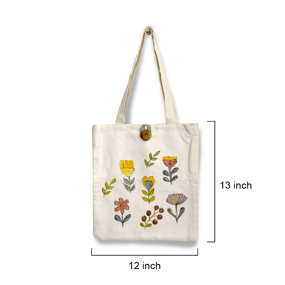 Hand-Painted Floral Canvas Tote Bag with Wooden Button Closure