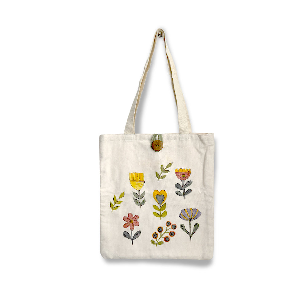 Hand-Painted Floral Canvas Tote Bag with Wooden Button Closure