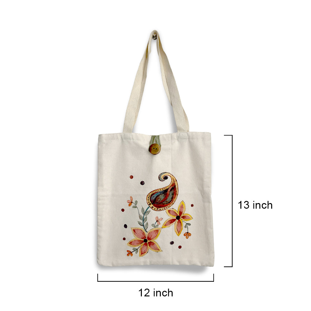 Hand-Painted Paisley Floral Canvas Tote Bag