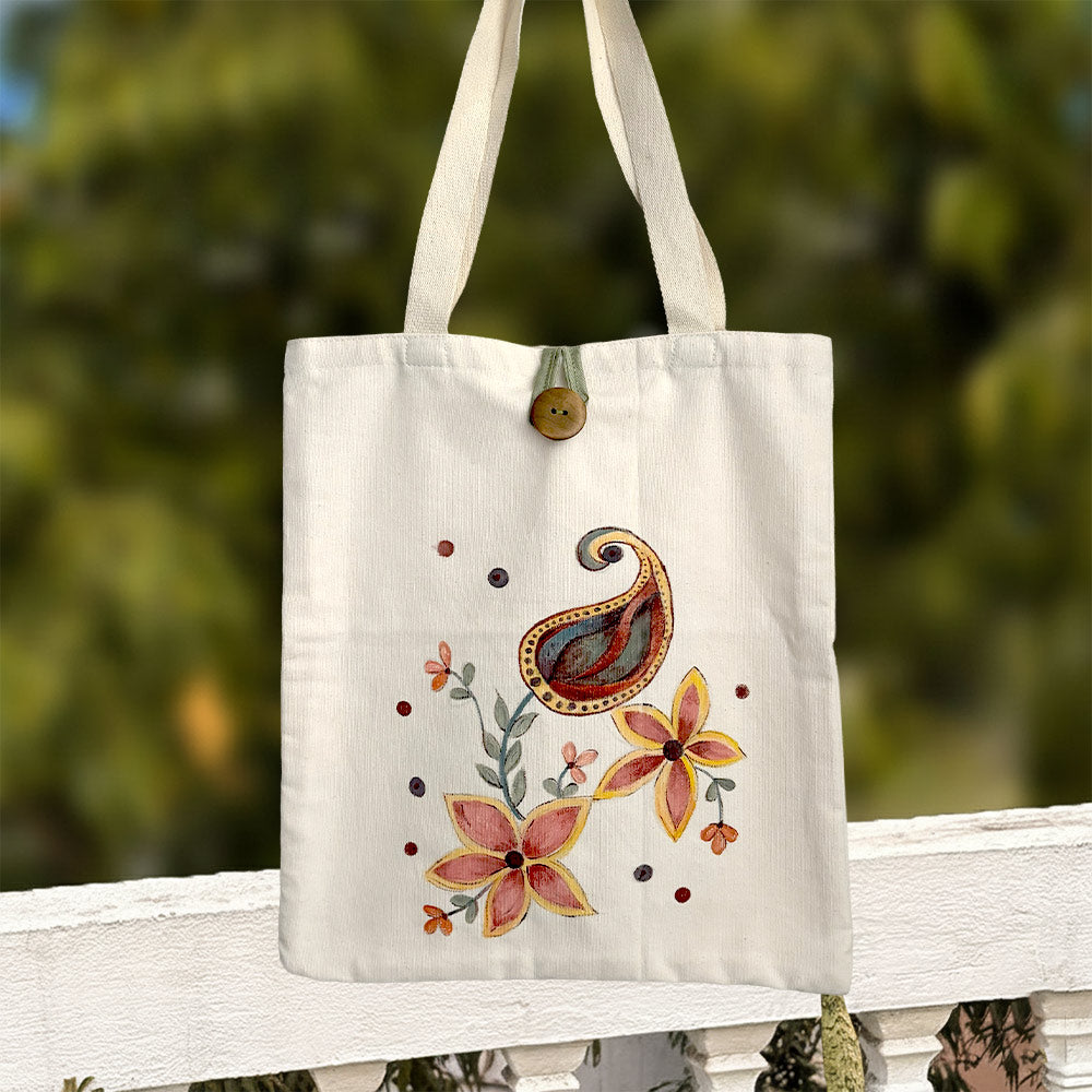 Hand-Painted Paisley Floral Canvas Tote Bag