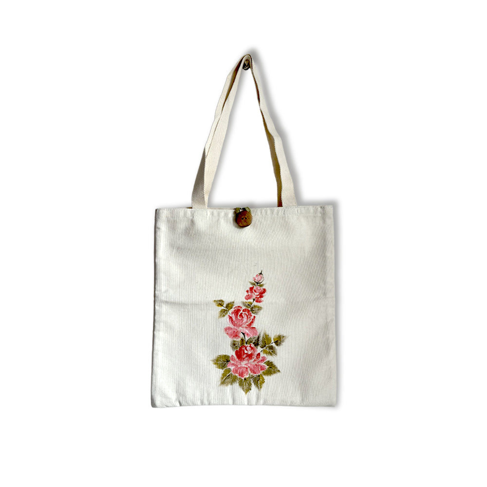 Hand-Painted Rose Motif Canvas Tote Bag - Artisan Crafted