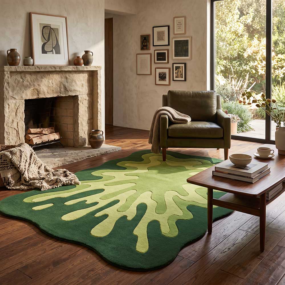 Angled view of the organic-shaped green rug in a bright modern living space.