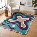 Angled view showing the unique wavy border design of the premium wool area rug.