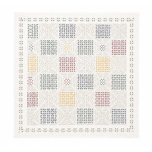 Artisan applique cotton bedspread with geometric hand-stitched patterns, front view