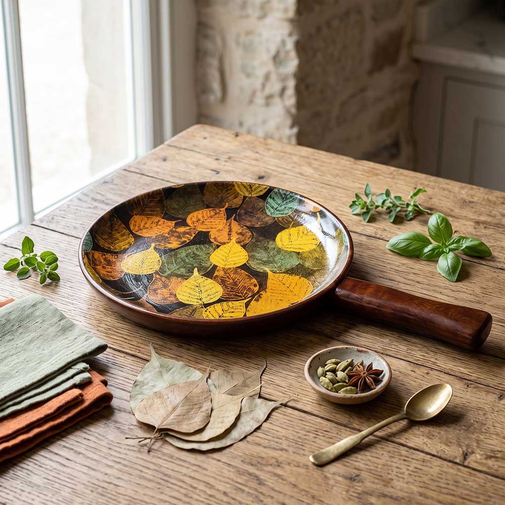 Artisan mango wood tray in use on a modern dining setting showing the scale and vibrant fall foliage design.