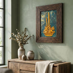 Detail view of the hand-carved floral stone relief and textured teal finish of the stone painting.