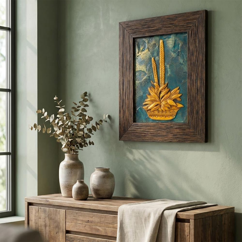 Detail view of the hand-carved floral stone relief and textured teal finish of the stone painting.