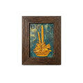 Front view of an artisan stone painting featuring a golden floral relief on a teal textured background in a dark wooden frame.