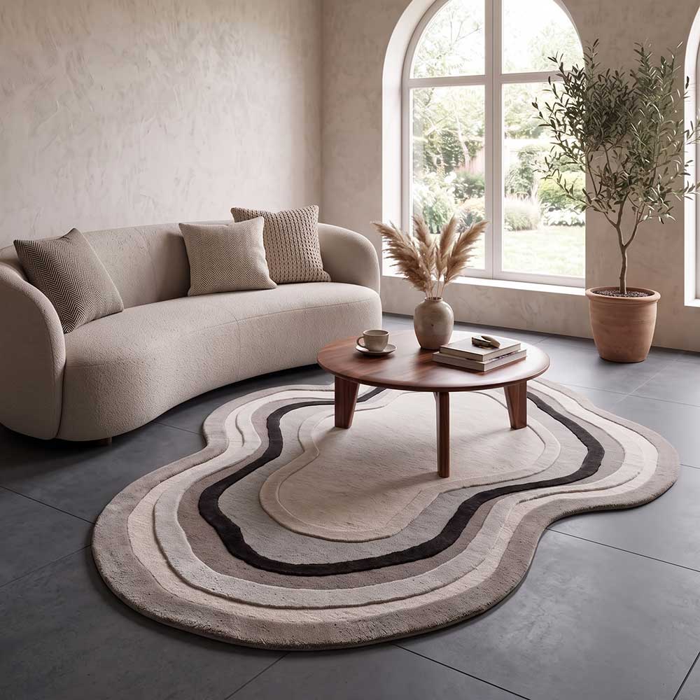 Close-up perspective of the multi-toned border and craftsmanship on Aurora Rugs piece