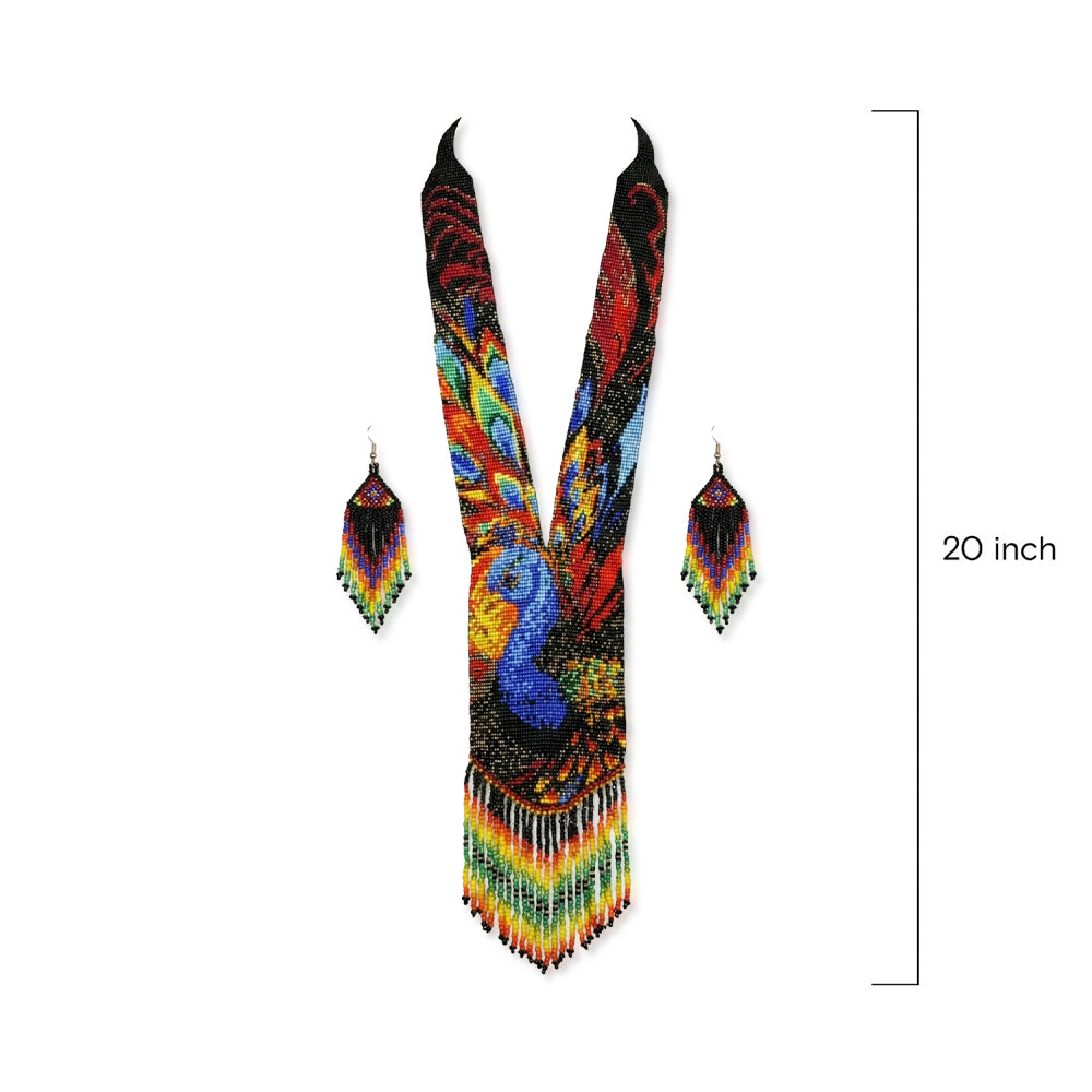 Close up detail of beaded peacock design on necklace