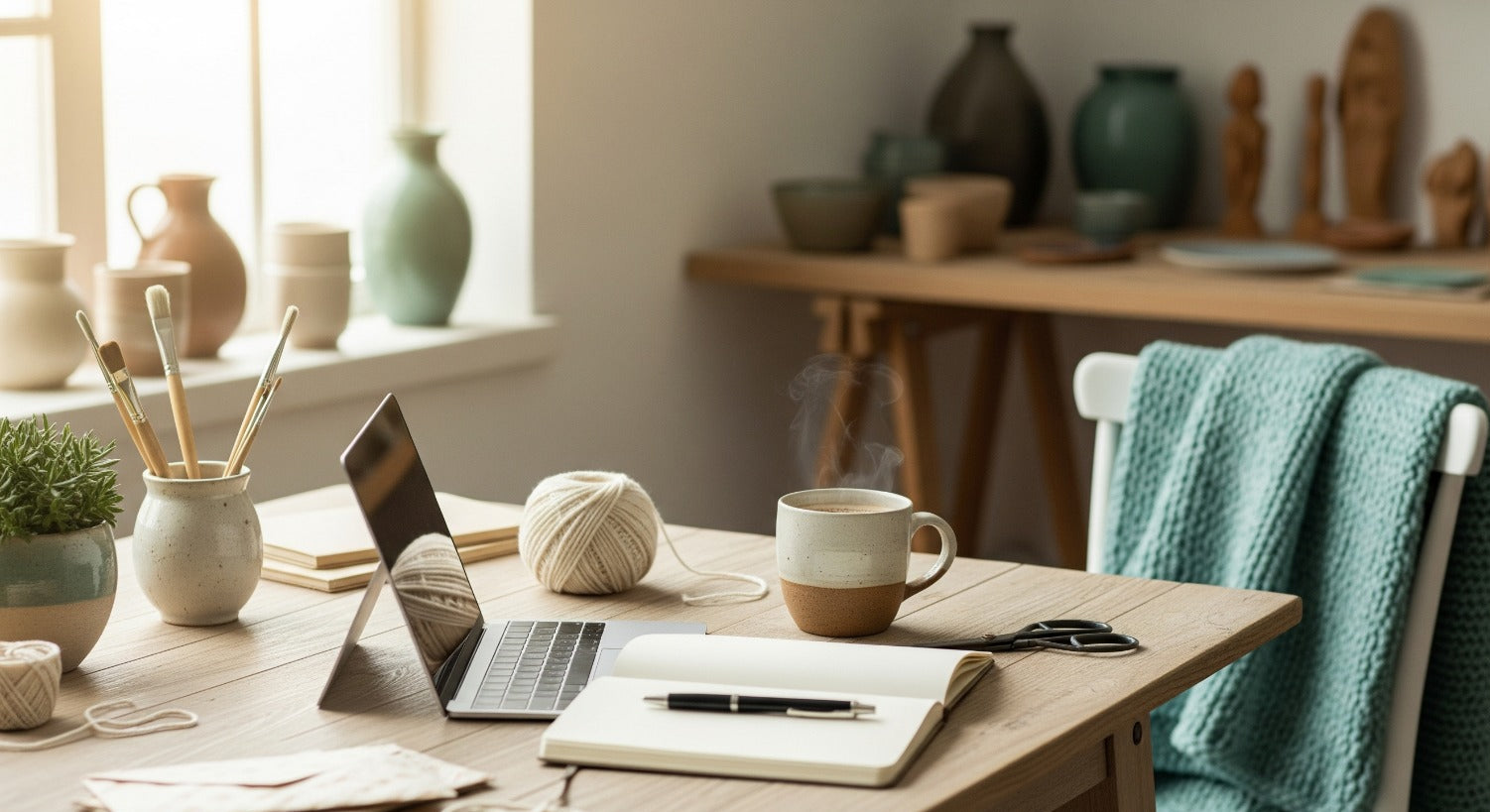 Home office setup with laptop, notebook, and mug on a wooden desk.