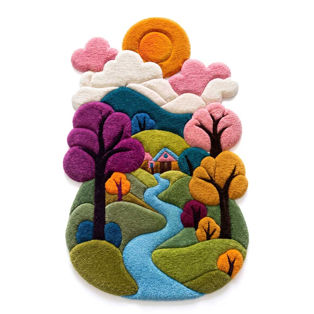 Bhadohi Hand-Tufted New Zealand Wool Scenic Landscape 3D Accent Rug showcasing sculpted trees, river, and sun in full front view