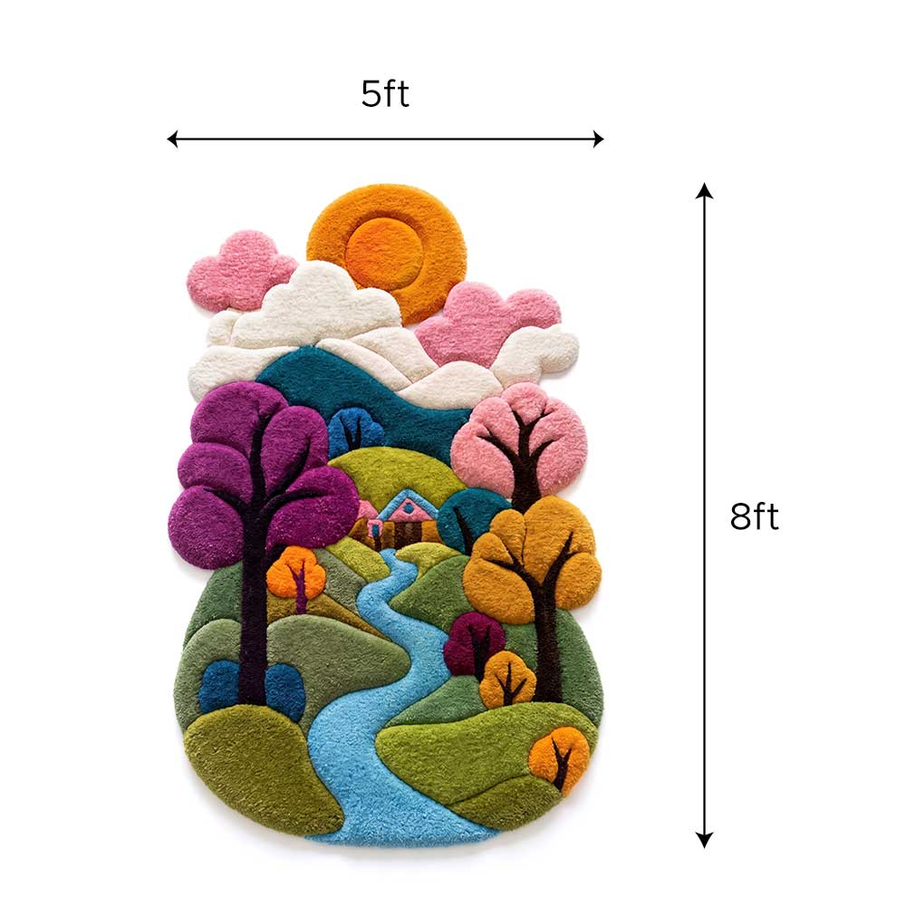 Close-up detail of textured 3D carved New Zealand wool pile on Bhadohi scenic landscape rug