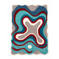 Hand-tufted Bhadohi New Zealand wool area rug with abstract blue, red, and grey wave patterns, front view.