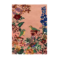 Bhadohi hand-tufted New Zealand wool rug featuring floral and bird designs in pink and jewel tones, front view