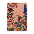 Bhadohi hand-tufted New Zealand wool rug featuring floral and bird designs in pink and jewel tones, front view