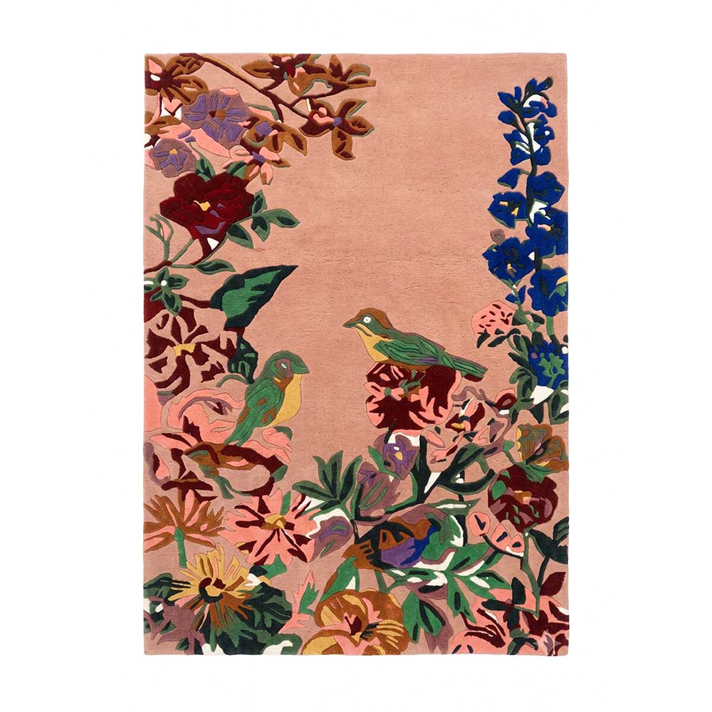 Bhadohi hand-tufted New Zealand wool rug featuring floral and bird designs in pink and jewel tones, front view