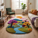 Bhadohi sculpted New Zealand wool scenic landscape accent rug styled in modern room setting