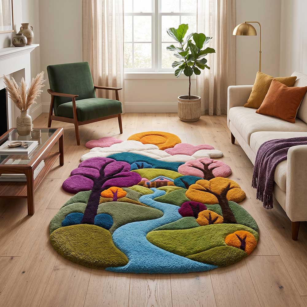 Bhadohi sculpted New Zealand wool scenic landscape accent rug styled in modern room setting