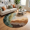 Stylized view of the Bhadohi Carpets round rug placed in a modern living space with warm sunlight, highlighting its decorative appeal.