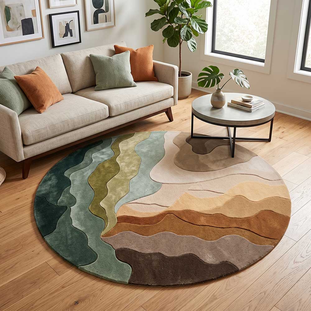 Stylized view of the Bhadohi Carpets round rug placed in a modern living space with warm sunlight, highlighting its decorative appeal.