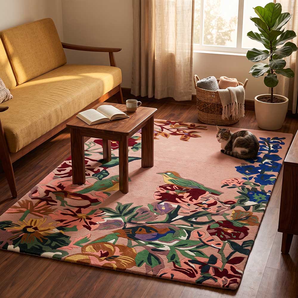 Bhadohi New Zealand wool rug shown in a styled home setting