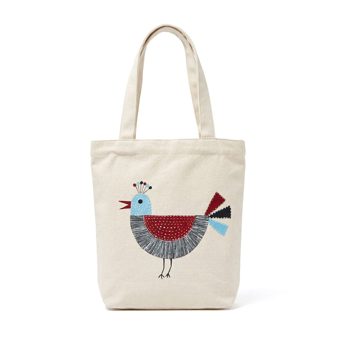 Whimsical Bird Embroidered Canvas Tote Bag - Cream