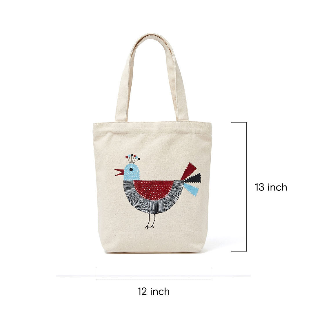 Whimsical Bird Embroidered Canvas Tote Bag - Cream