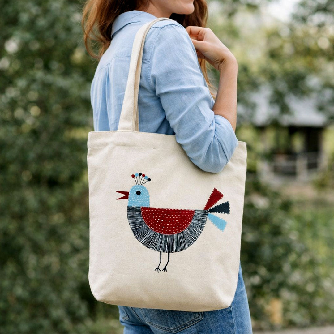 Whimsical Bird Embroidered Canvas Tote Bag - Cream