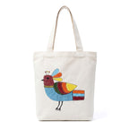 Folk Art Bird Hand-Embroidered Canvas Tote Bag - Off-White