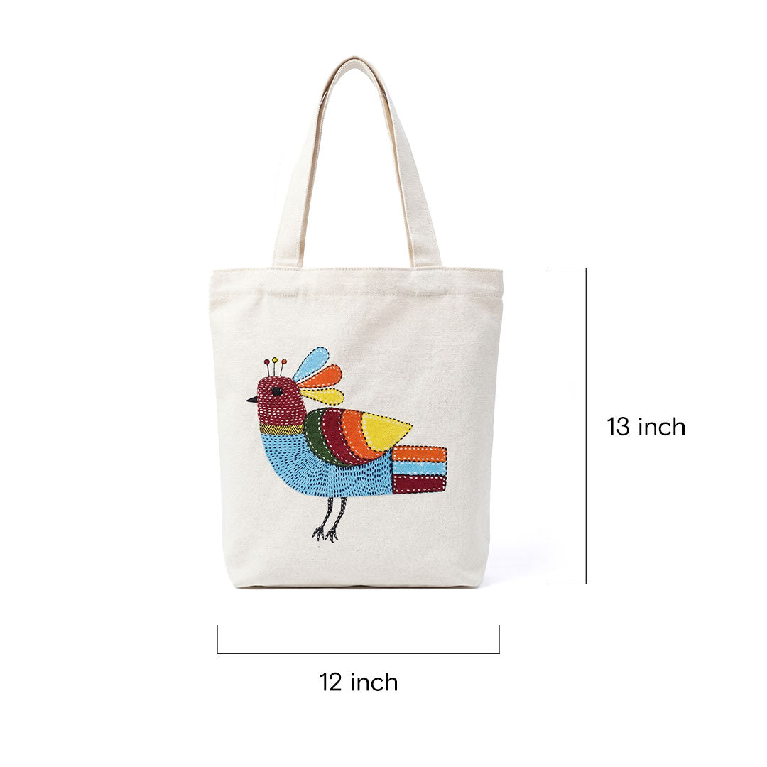 Folk Art Bird Hand-Embroidered Canvas Tote Bag - Off-White