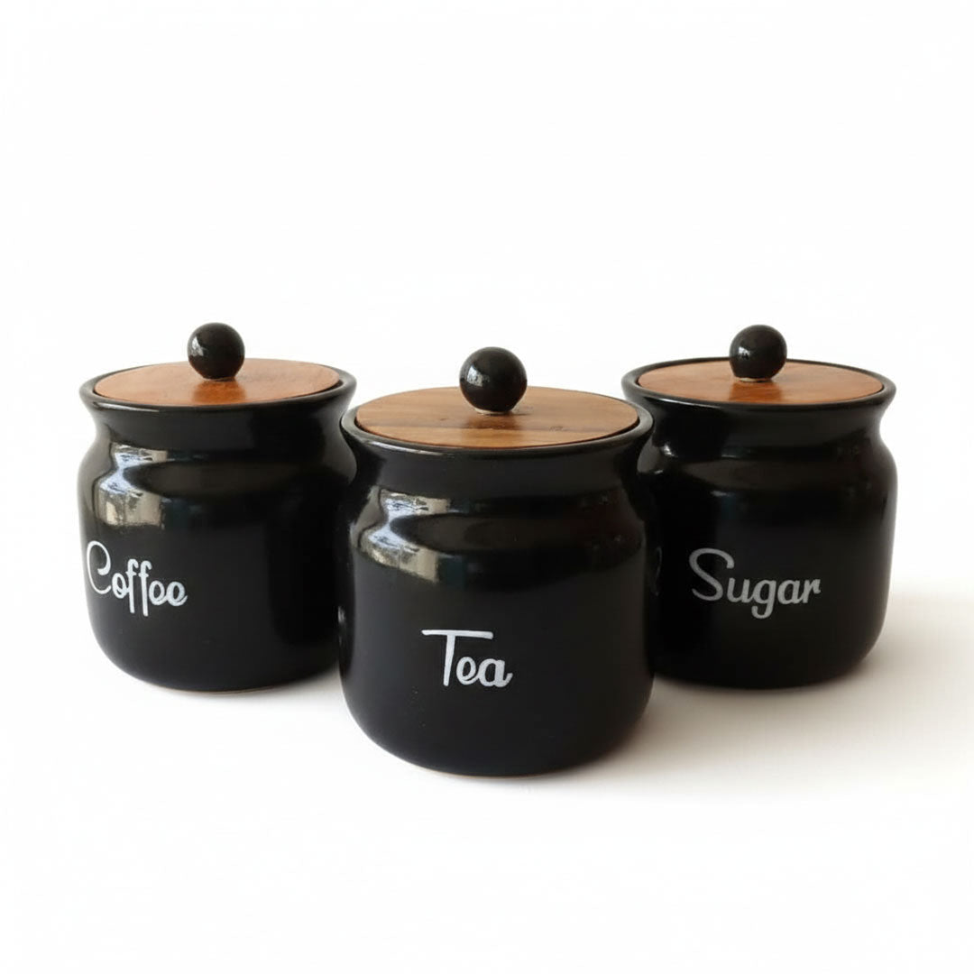 3-Piece Black Ceramic Coffee Tea Sugar Canister Set