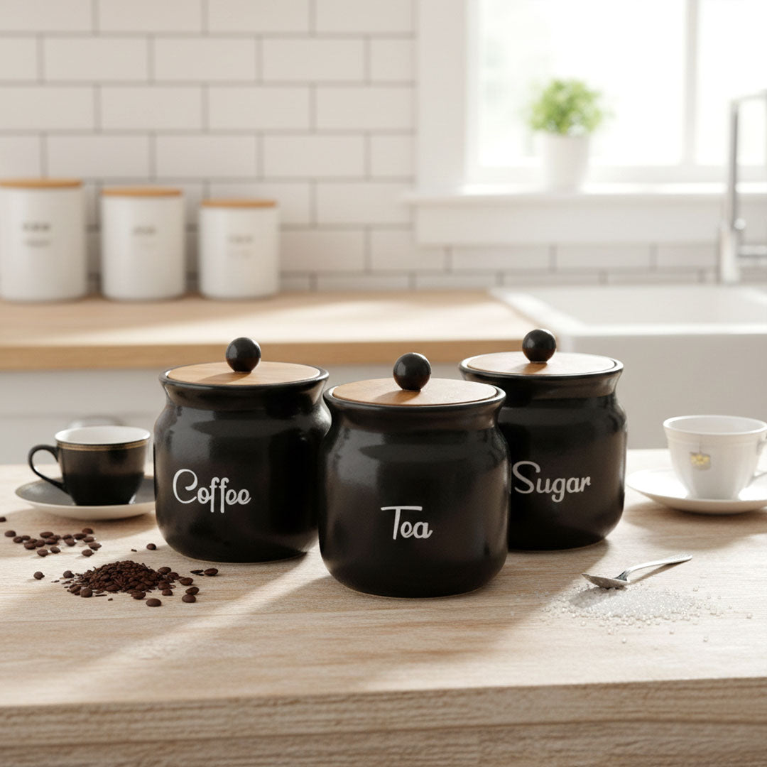 3-Piece Black Ceramic Coffee Tea Sugar Canister Set