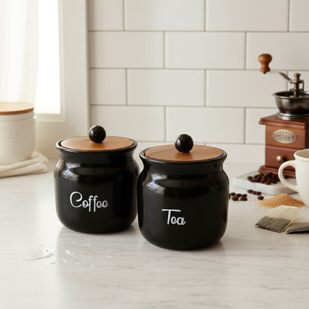 3-Piece Black Ceramic Coffee Tea Sugar Canister Set