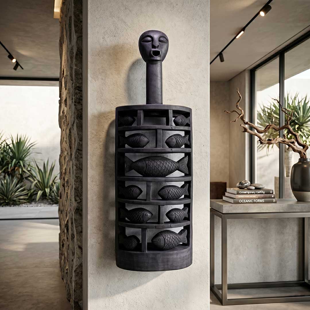 Gamari Wood Six-Tier Fish Narrative Wall Sculpture