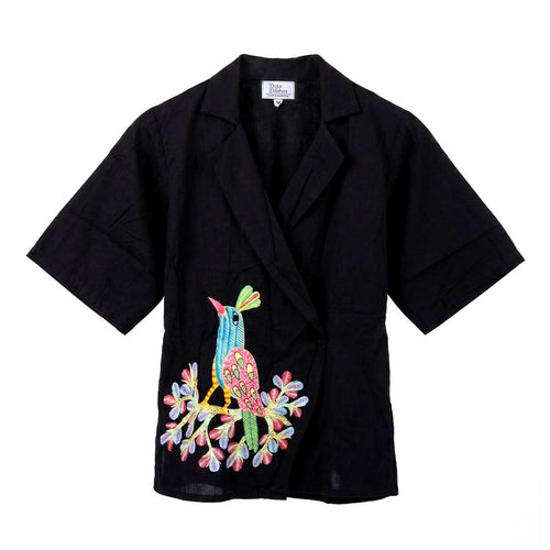 Artisanal Black Gond Art Bird Painted Wrap Jacket