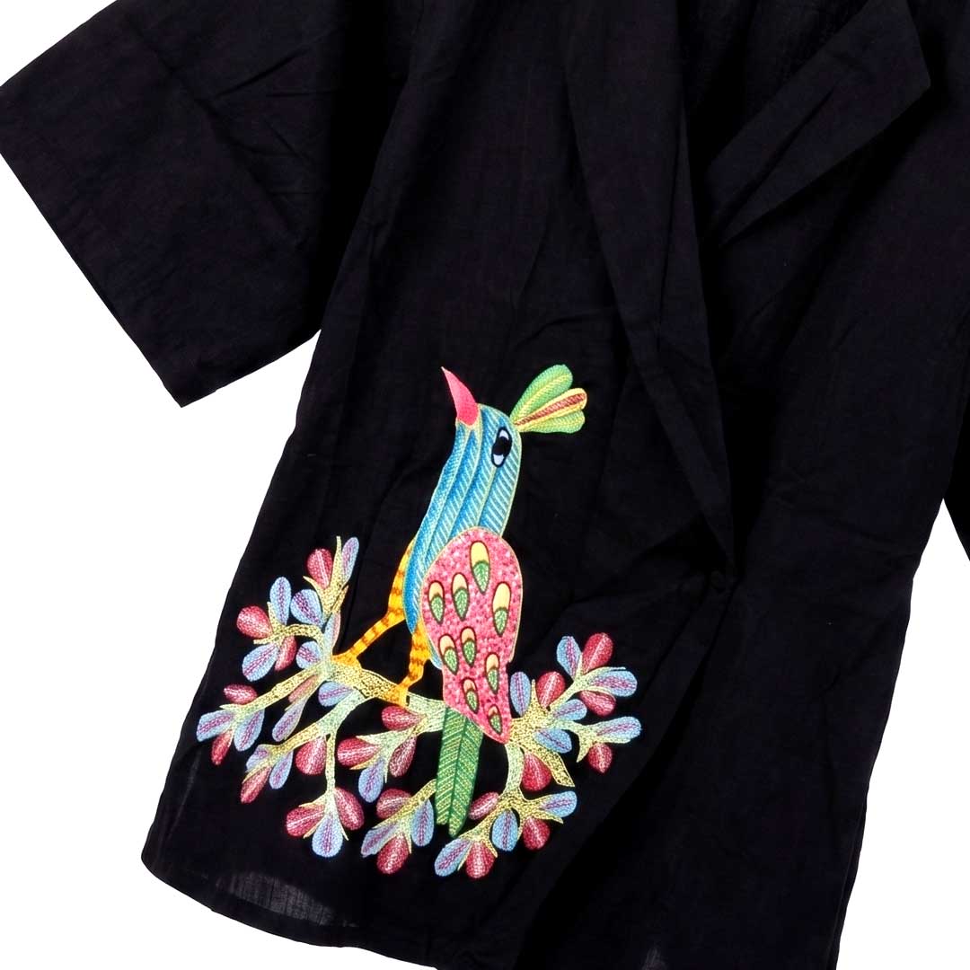 Artisanal Black Gond Art Bird Painted Wrap Jacket