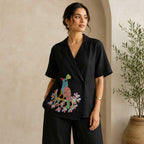 Artisanal Black Gond Art Bird Painted Wrap Jacket