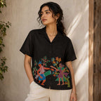 Hand Painted Tribal Dance Black Button-Down Shirt
