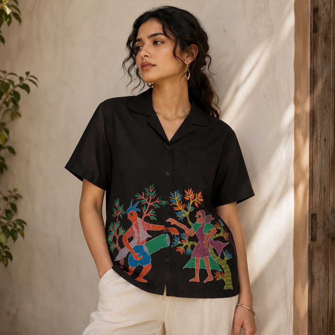 Hand Painted Tribal Dance Black Button-Down Shirt