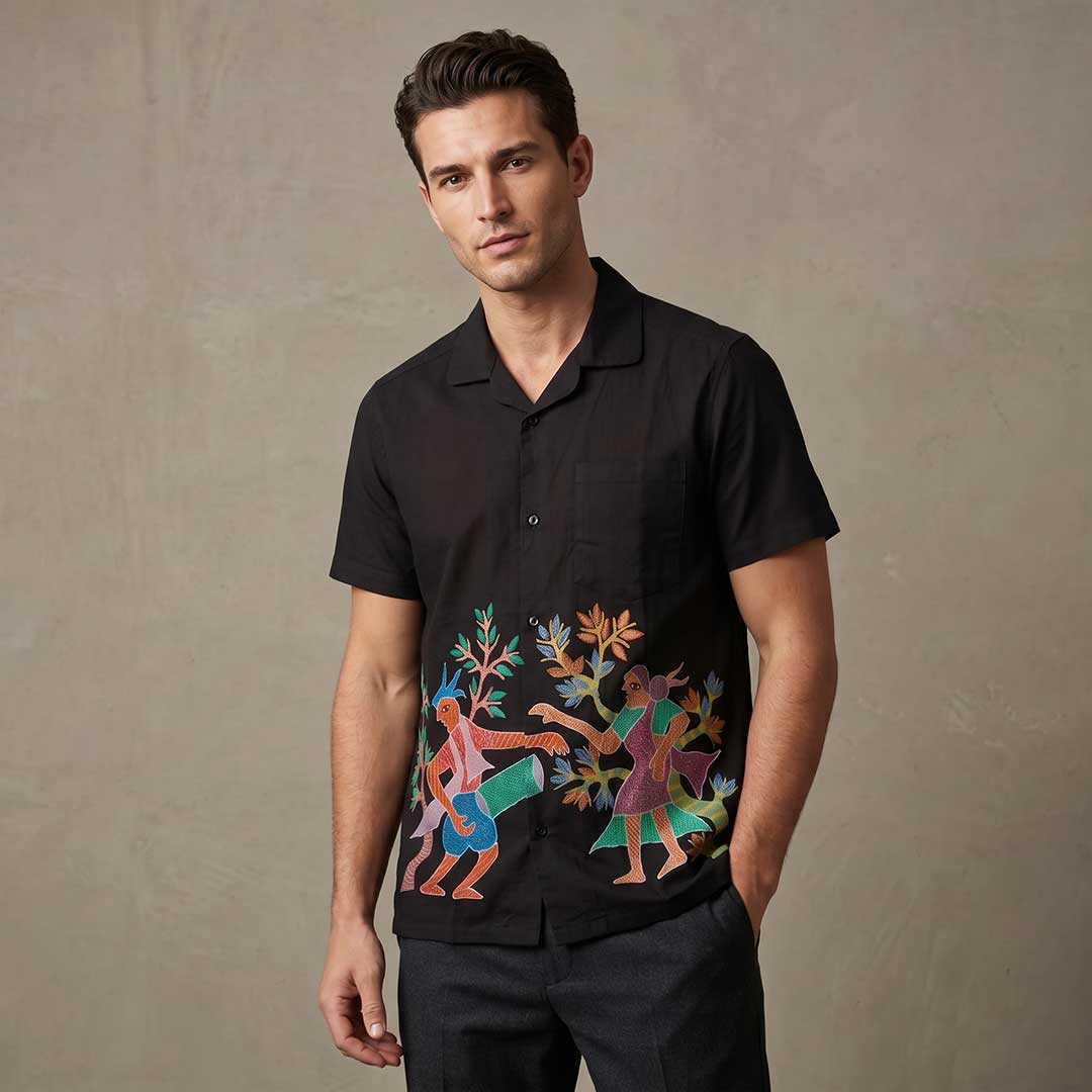 Hand Painted Tribal Dance Black Button-Down Shirt