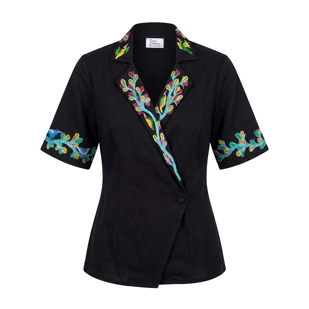 Gond Art Hand-Painted Black Nature Motif Wrap Jacket