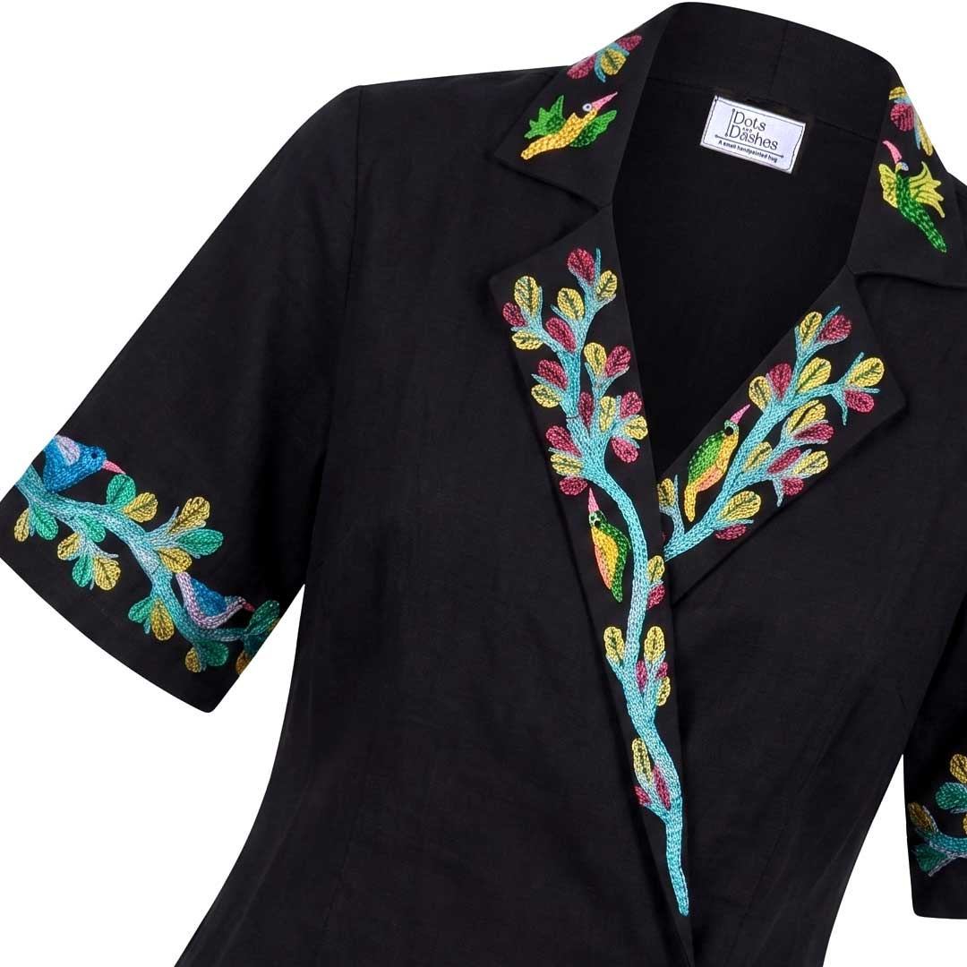 Gond Art Hand-Painted Black Nature Motif Wrap Jacket