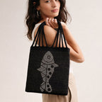 Dhokra Weaving Artisanal Fish Motif Woven Tote - Handcrafted Black Bag
