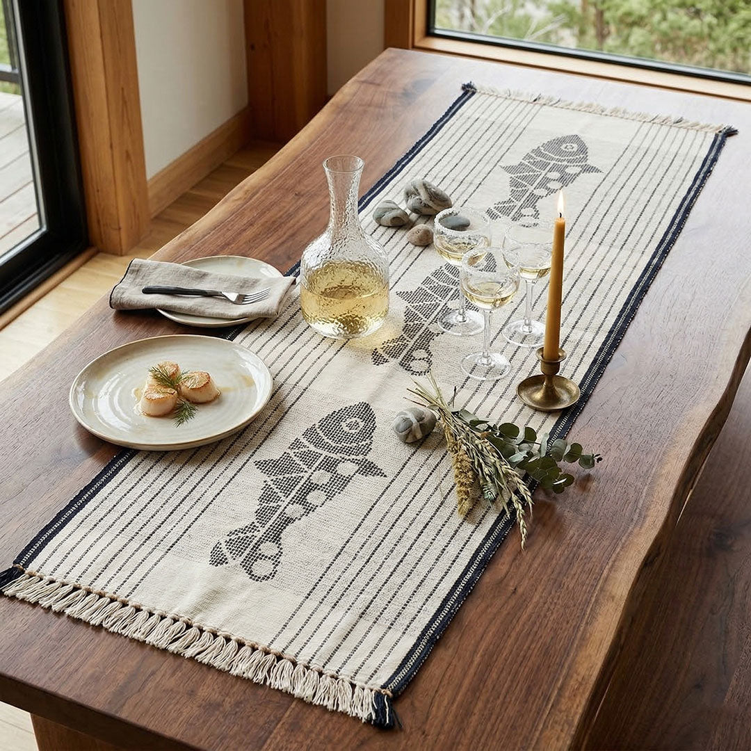 Hand-Woven Dhokra Weaving Triple Fish Cream Runner