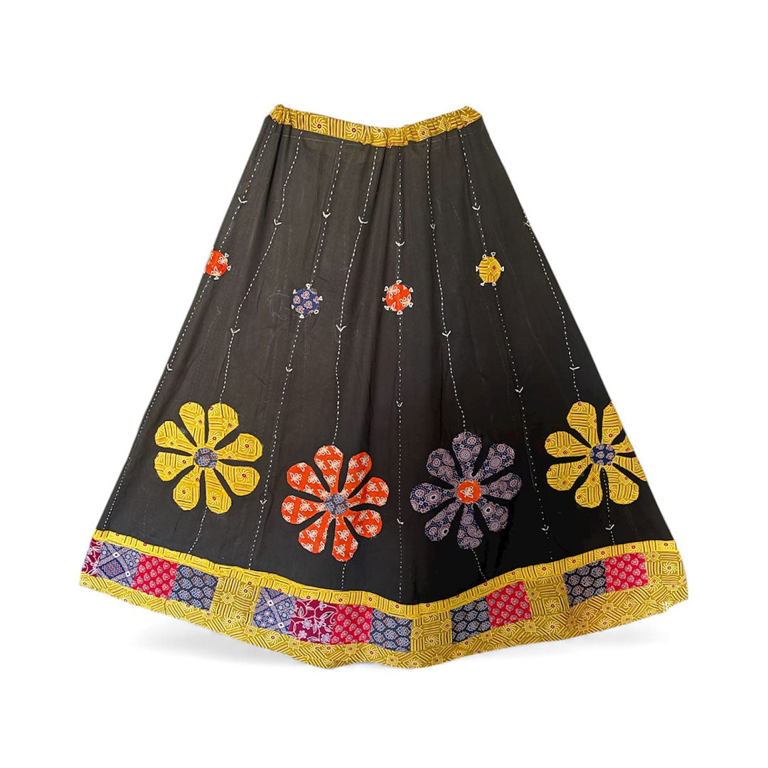 Black Bohemian Floral Applique Cotton Maxi Skirt
