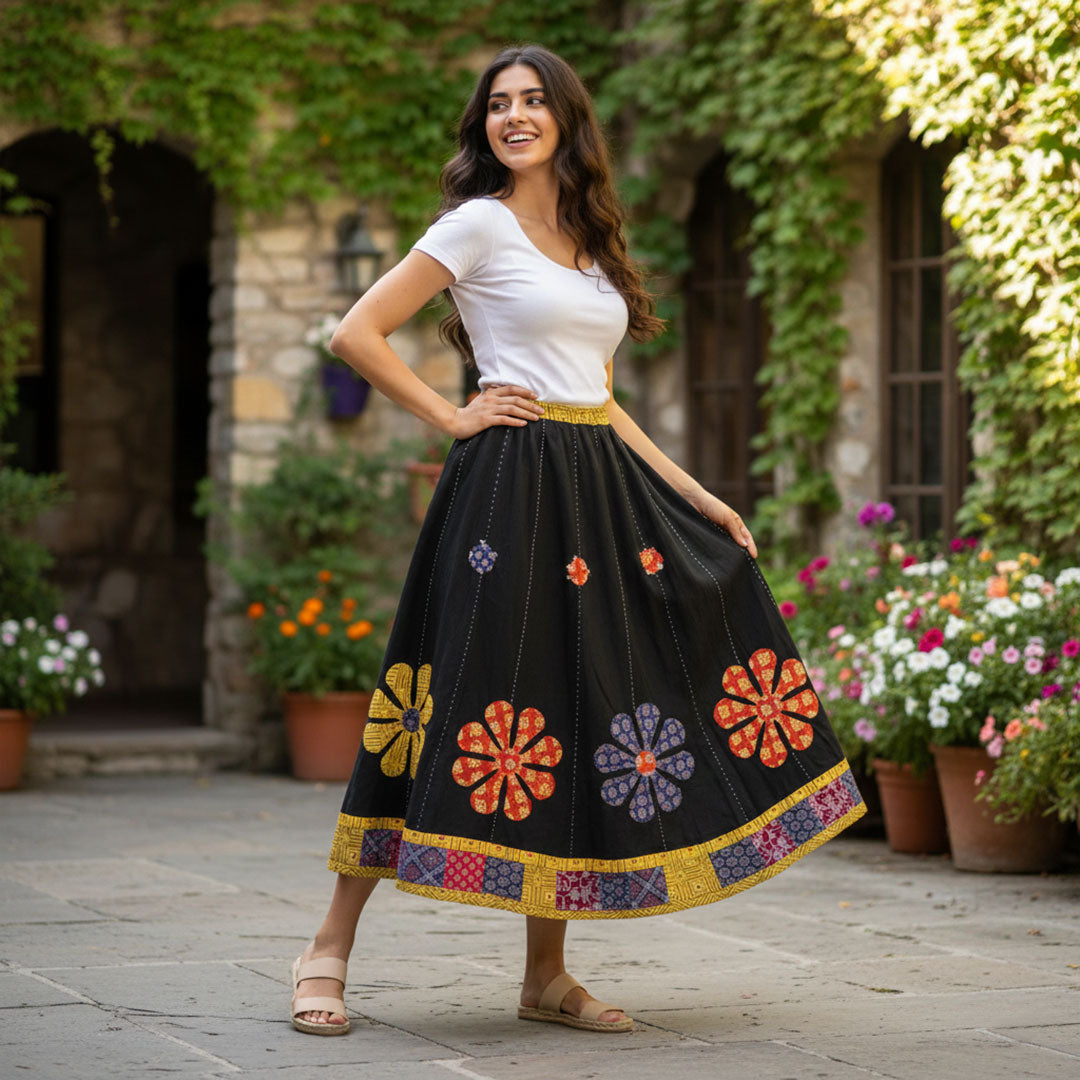 Black Bohemian Floral Applique Cotton Maxi Skirt